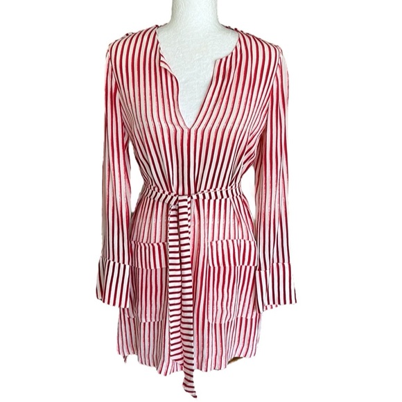 Adolfo Dominguez Red & Off White Striped Print Tie Waist Tunic Shirt Dress - S
